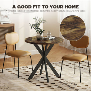 29" Dining Table, Contemporary Round Kitchen Table with Steel Legs, Rustic Brown
