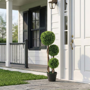 35 Inch 2 Pack Potted Fake Plant, Artificial Boxwood Topiary Trees, Triple Ball Tree for Indoor and Outdoor, Light Green
