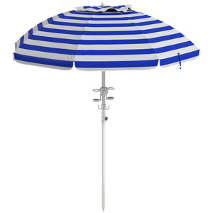 5.7' Beach Umbrella for Travel with Tilt, Adjustable Height, 2 Cup Holders, Hook, Vent, Ruffles, Blue and White