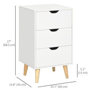 Bedside Table, Modern Nightstand with 3 Drawers, Side End Table with Wood Legs for Living Room, Bedroom, White