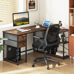 L Shaped Desk with Charging Station Corner Computer Desk with 2 Fabric Drawers-Rustic Brown view 2