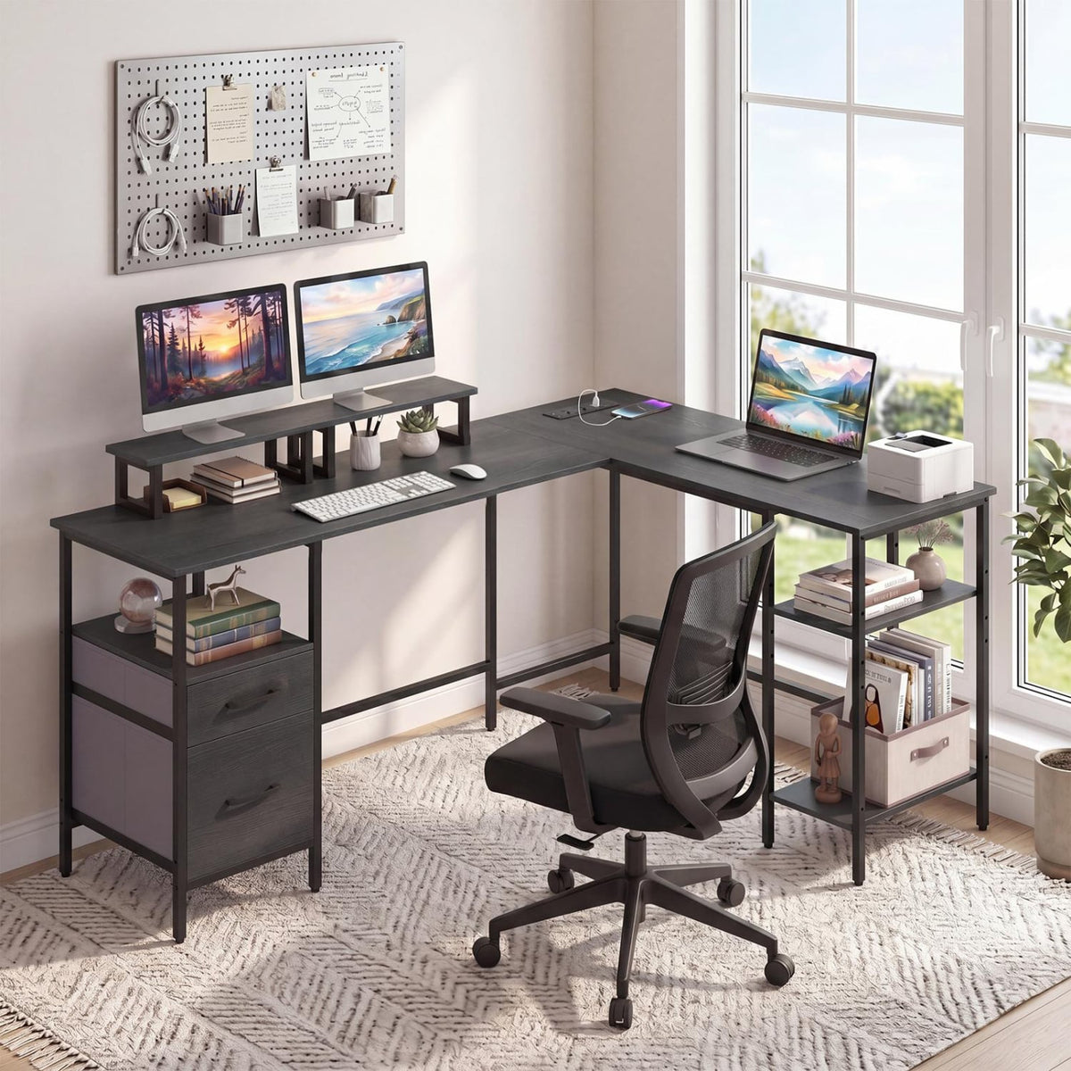 L Shaped Desk with Power Outlet Reversible Computer Desk with Monitor Stands-Black view 2