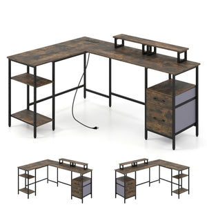 L Shaped Desk with Power Outlet Reversible Computer Desk with Monitor Stands-Rustic Brown view 4