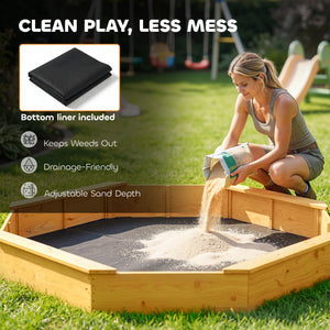 Qaba Wooden Kids Wooden Sandbox with Large Canopy, Outdoor Sand Box with 4 Bench Seats, Bottom Liner for Aged 3-8, Yellow