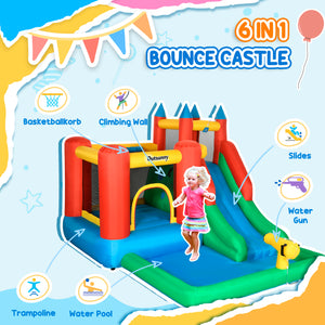Kids Inflatable 6 in 1 Bouncy Castle House Trampoline Slide Water Pool Gun Climbing Wall Basket with Inflator for Kids Age 3-12 Summer 11.5' x 8.8' x 7' Multi-color