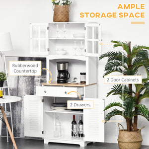 Coastal Style Kitchen Buffet and Hutch Wooden Storage Cupboard with Framed Glass Door LouveredCabinet Drawers Microwave Space for Dining Room Living Room White