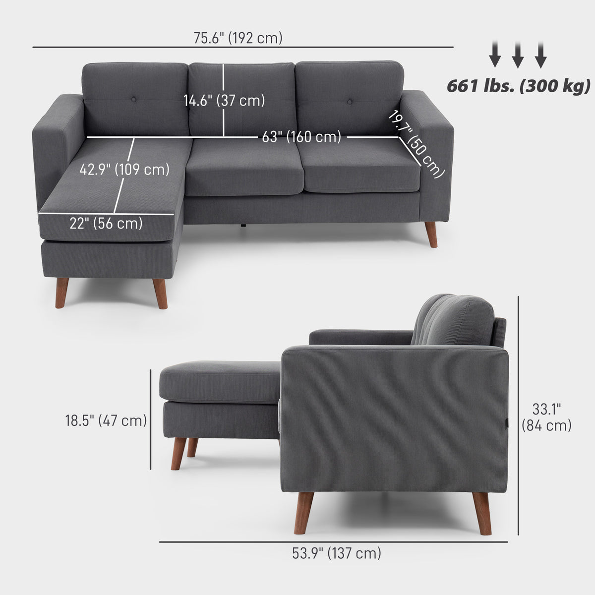 Sectional Sofa with Changeable Chaise Lounge, 3 Seat L-Shaped Small Space Sofa – view 2