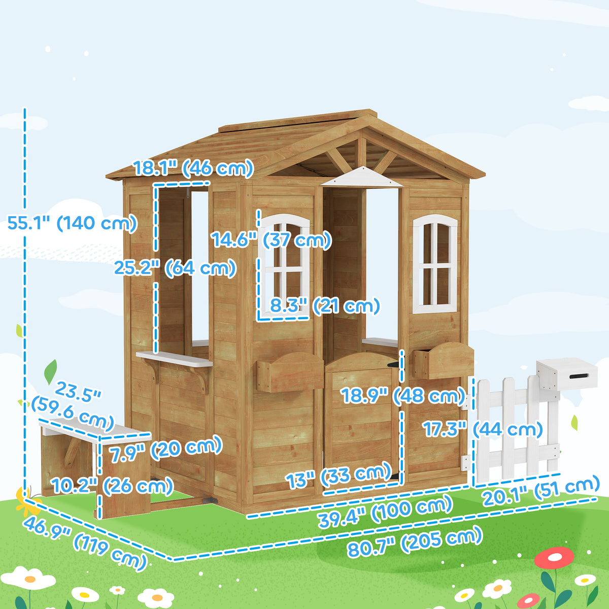 Wooden Kids Playhouse with Door Windows Mailbox Flower Pot Holder Serving Station Bench Yellow