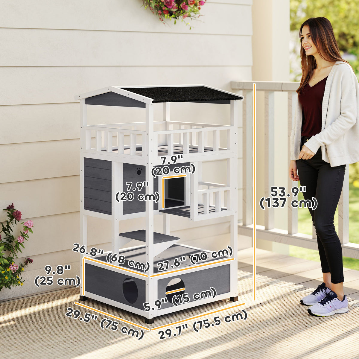 4-Floor Wood Outdoor Cat House Catio for Cats with Condo, Fun Entrances, Perch, Grey – view 2