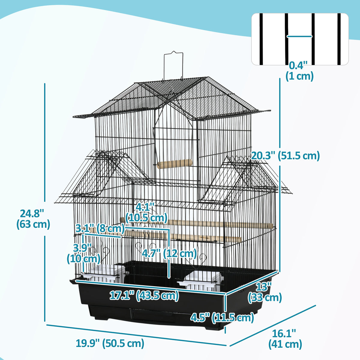 25" Bird Cage with Perch, Swing, Food Container, Slide-out Tray, Handle, Parrot Cage for Finches, Canaries, Budgies