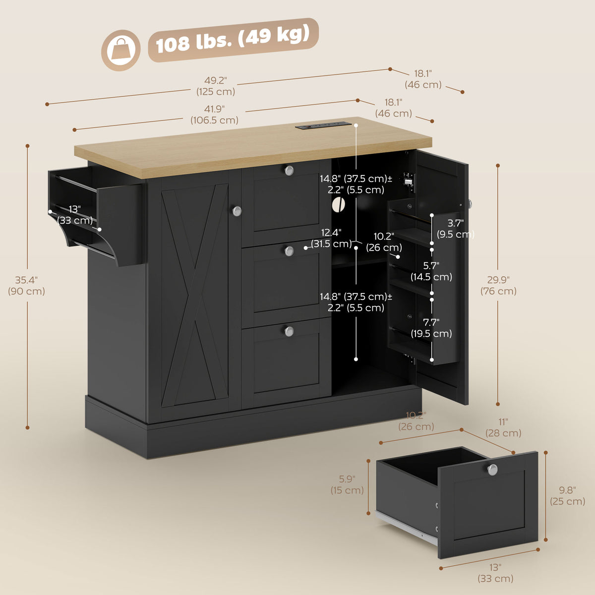 Farmhouse Kitchen Island Cart with Power Outlet and Soft-Close Doors, 49" Kitchen Island with 3 Drawers – view 2