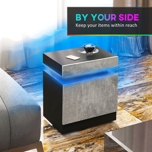 Nightstand, Bedside Table with LED Lights and 2 Drawers for Bedroom, Living Room, Cement Grey