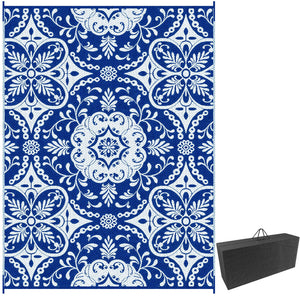 Portable Outdoor Rug with Carry Bag, 9' x 12' Reversible Mat, Waterproof Plastic Straw RV Rug for Backyard, Deck, Picnic, Beach, Camping, Blue & White Flower