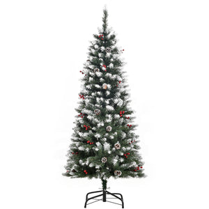 5ft Decorated Christmas Tree with Red Berries and Pine Cones, Flocked Christmas Tree with Pencil Shape