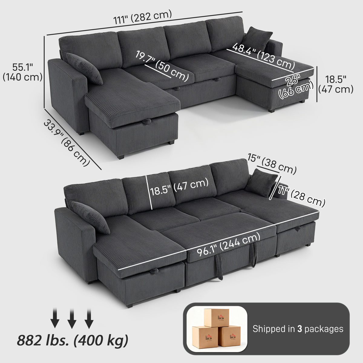 Convertible Sofa Bed, Corduroy U-Shaped Sleeper Sofa Couch with Storage Chaise, Pillows, Spring, Futon Couch, Grey