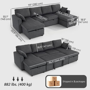 Convertible Sofa Bed, Corduroy U-Shaped Sleeper Sofa Couch with Storage Chaise, Pillows, Spring, Futon Couch, Grey