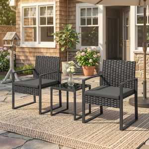Outdoor Bistro Set, 3 Piece Wicker Patio Furniture Set with Glass Top Table and Cushions for Porch – view 7