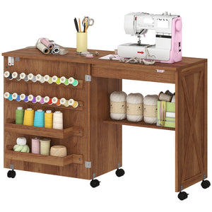 Sewing Machine Table on Wheels, Folding Craft Table with 2 Bins, Storage Shelf, 18 Pegs, Lockable Wheels