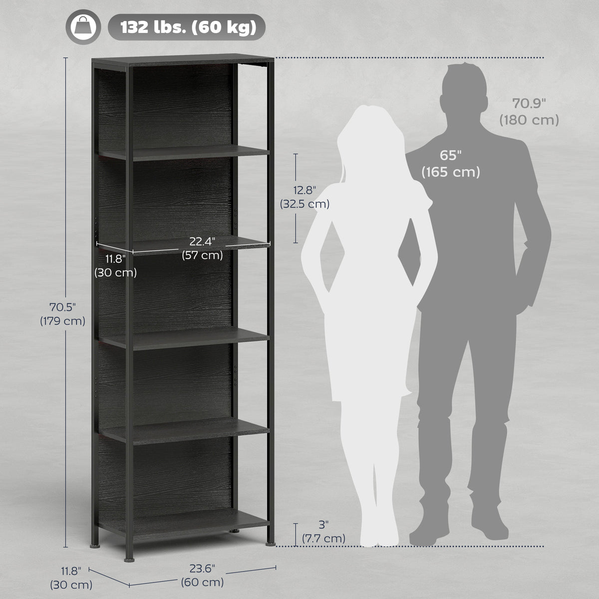 5-Tier Bookshelf, Freestanding Bookcase with LED Lights and Metal Frame for Living Room, Bedroom, Home Office, Black