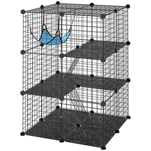 3 Tier Cat Cage Crate, DIY Pet Playpen with 3 Doors, Ladders, Hammock, Platforms, Indoor Playpen for Kittens, Black