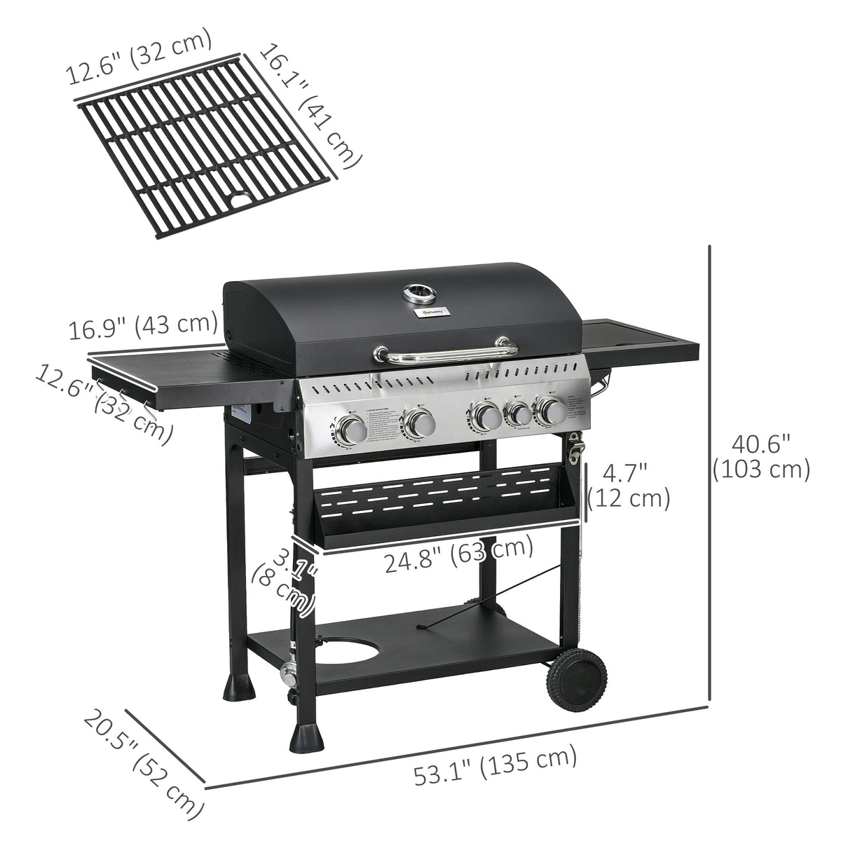 40,000 BTU Propane Gas Grill BBQ Cart with 4 Main Burners, 1 Side Burner, with Warming Rack – view 2