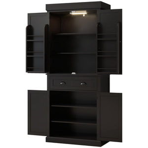 71" Kitchen Pantry Cabinet with LED Lights, 6 Spice Racks, a Drawer and 4 Adjustable Shelves, Black
