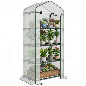 Portable Greenhouse Outdoor Hot House with 4 Tier Shelves, Steel Frame, PE Cover, 28" x 20" x 63" , White – view 3