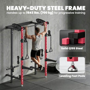 Soozier Foldable Power Cage, Space-Saving Power Rack with Pull-Up Bar, Cable Pulley System, 1540 lbs Capacity