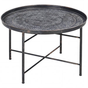 Vintage Coffee Table for Living Room, 24" Round Center Table with Hammered Tray Top and Metal Frame, Pewter