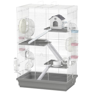 4-Level Large Hamster Cage with DIY Tubes, Water Bottle, Food Dish, Hut, Exercise Wheels, Grey