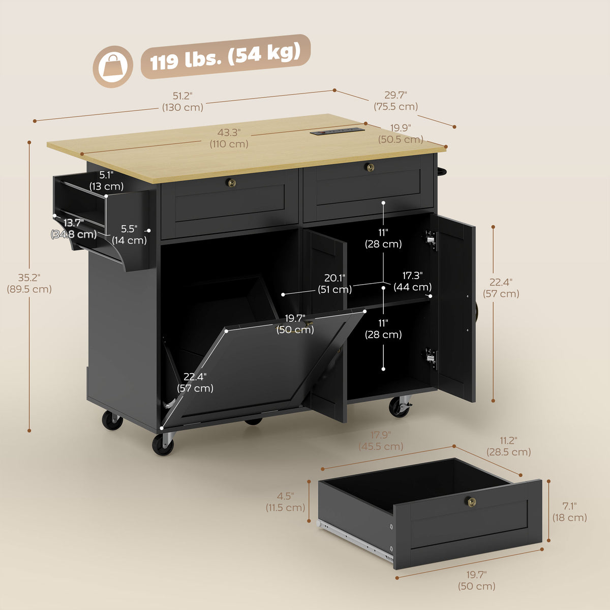 Kitchen Island Cart with Charging Station and Drop Leaf – view 2