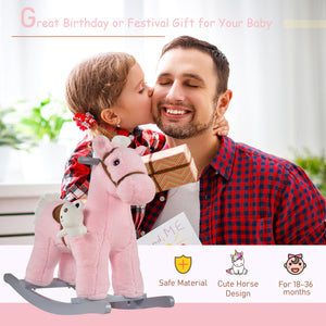 Qaba Kids Rocking Horse Plush Animal on Wooden Rockers with Sounds, Wooden Base and Bear Toy, Baby Rocking Chair