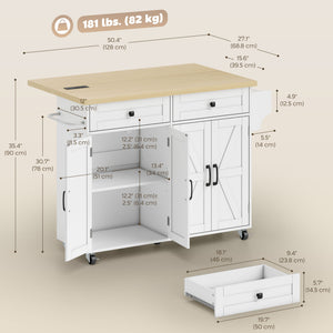 Kitchen Island with Storage, Rolling Kitchen Cart with Charging Station, Drop Leaf, Spice Rack, Towel Rack, Drawers