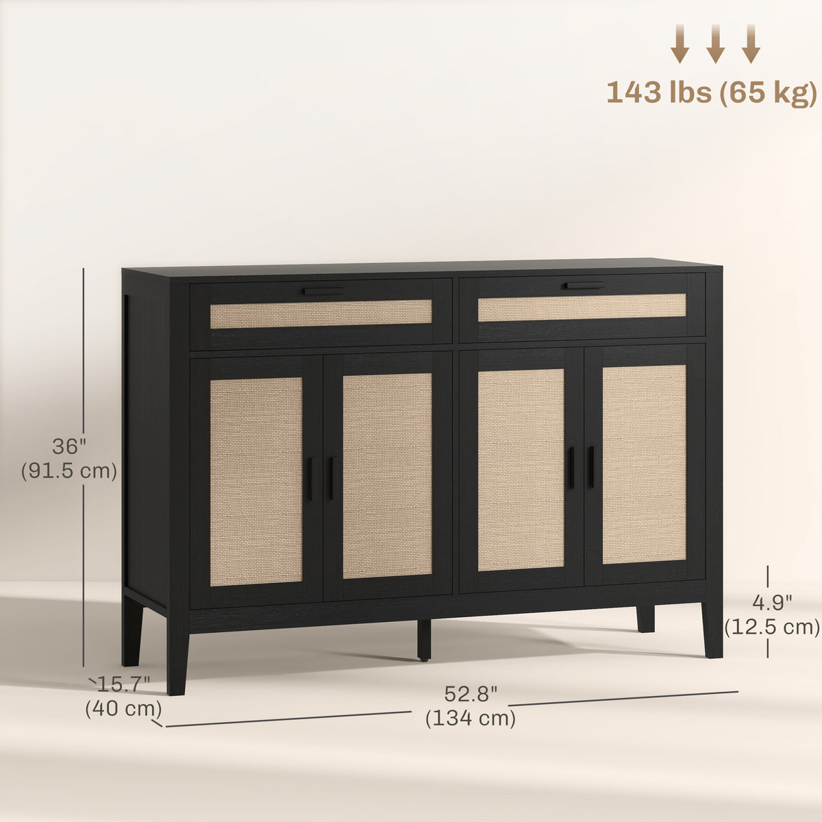 Kitchen Sideboard Cabinet, Boho Buffet Table with Decorative Rattan Doors and Drawers for Dining Room, Black