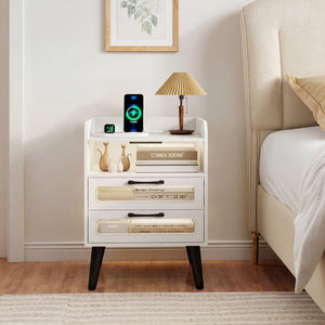 Mid Century Modern Nightstand with Charging Station and LED Lights-White view 2