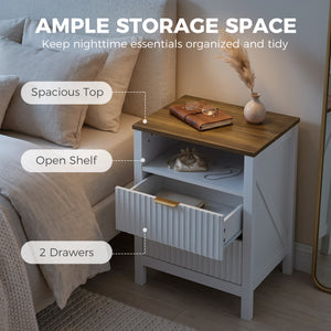 Modern Nightstand with 2 Fluted Drawers, Bedside Table with Open Storage Shelf, Anti-tipping Design, White and Walnut