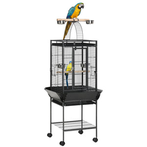 61.5 Inch Bird Cage Parakeet House for Cockatiel with Stand, Pull Out Tray, Play Top, Storage Shelf, Wood Perch, Food Container
