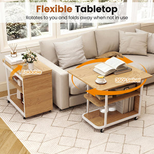 Mobile Night Stand with Foldable Swivel Top and 2-Tier Shelf for Small Spaces-Natural view 7