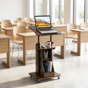 Mobile Podium Stand Height Adjustable Laptop Cart with Tilting Tabletop and Storage Compartments-Rustic Brown view 2