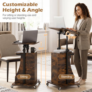Mobile Podium Stand Height Adjustable Laptop Cart with Tilting Tabletop and Storage Compartments-Rustic Brown view 5