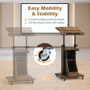 Mobile Podium Stand Height Adjustable Laptop Cart with Tilting Tabletop and Storage Compartments-Rustic Brown view 6