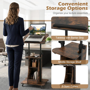 Mobile Podium Stand Height Adjustable Laptop Cart with Tilting Tabletop and Storage Compartments-Rustic Brown view 7