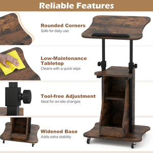 Mobile Podium Stand Height Adjustable Laptop Cart with Tilting Tabletop and Storage Compartments-Rustic Brown view 8
