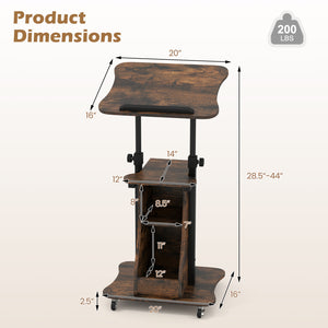 Mobile Podium Stand Height Adjustable Laptop Cart with Tilting Tabletop and Storage Compartments-Rustic Brown view 4