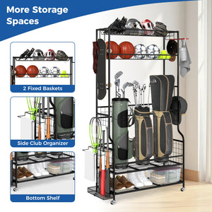 Mobile Sports Equipment Organizer with Golf Bags Storage and Club Rack-Black view 6