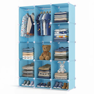 Modular Baby Wardrobe with 13 Cubes and Hanging Rod and Shelves Stackable-Blue view 4