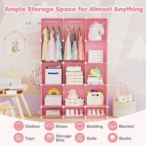 Modular Baby Wardrobe with 13 Cubes and Hanging Rod and Shelves Stackable-Pink view 8