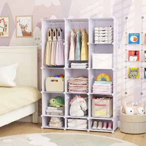 Modular Baby Wardrobe with 13 Cubes and Hanging Rod and Shelves Stackable-White view 3
