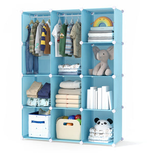 Modular Baby Wardrobe with 10 Cubes & Hanging Rod and Shelves Stackable-Blue view 4