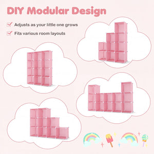 Modular Baby Wardrobe with 10 Cubes & Hanging Rod and Shelves Stackable-Pink view 7